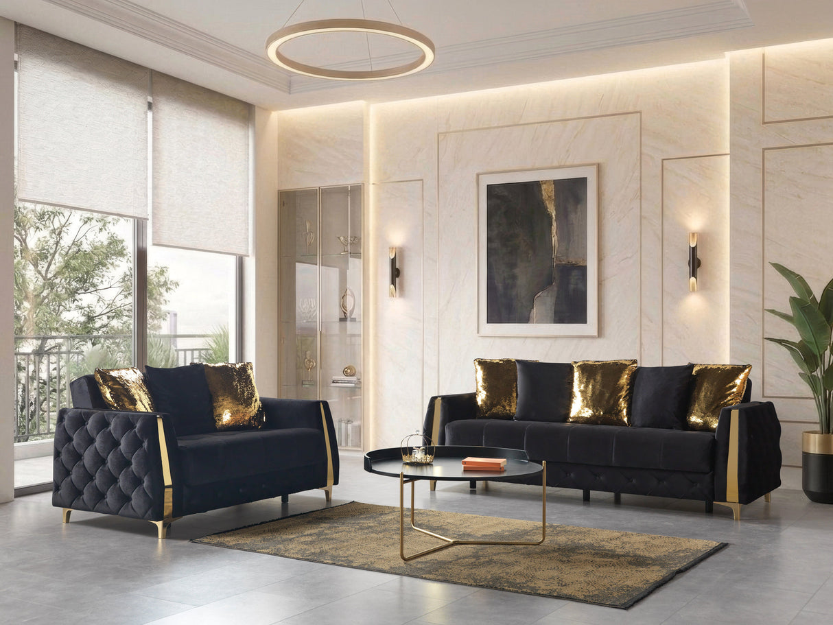 Florence Black living room set, sofa and loveseat with gold pillows, three-quarter view