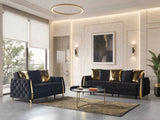 Florence Black living room set, sofa and loveseat with gold pillows, three-quarter view