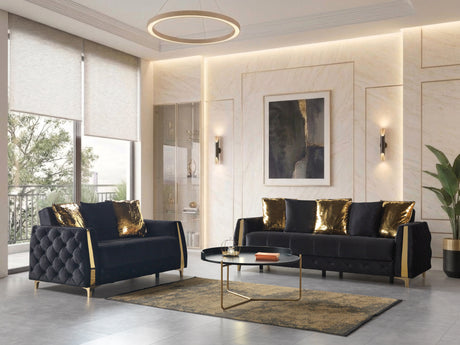 Florence Black living room set, sofa and loveseat with gold pillows, three-quarter view