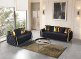 Florence Black sofa and loveseat, black velvet with gold pillows, angled set overview