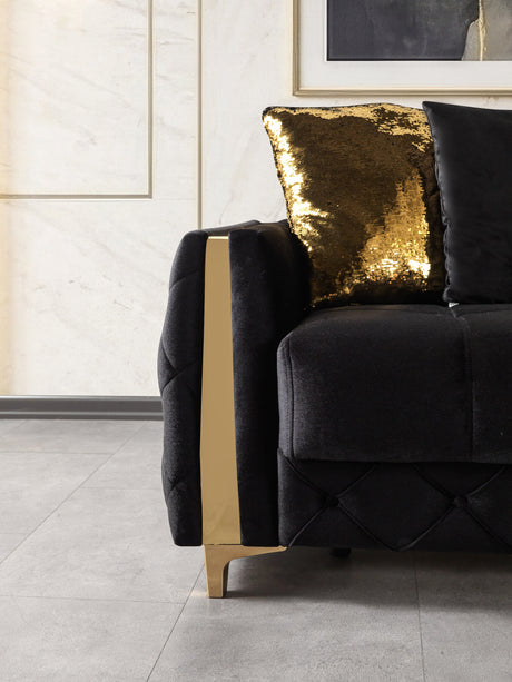 Florence Black sofa, close-up of gold sequin pillow and gold arm trim
