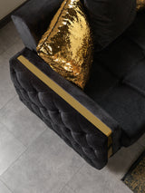 Florence Black sofa arm detail, black velvet tufting with gold vertical trim