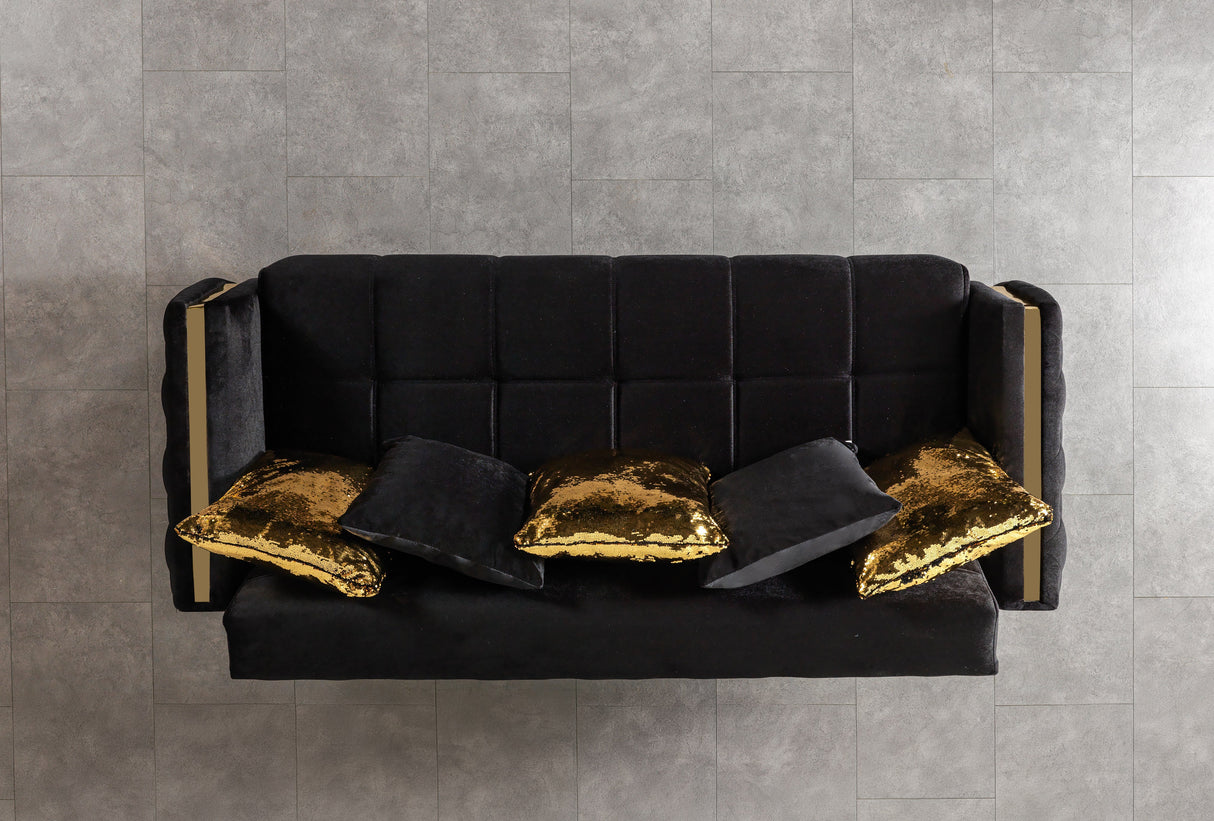 Florence Black sofa, upholstered back and gold accent trim, three-quarter rear detail