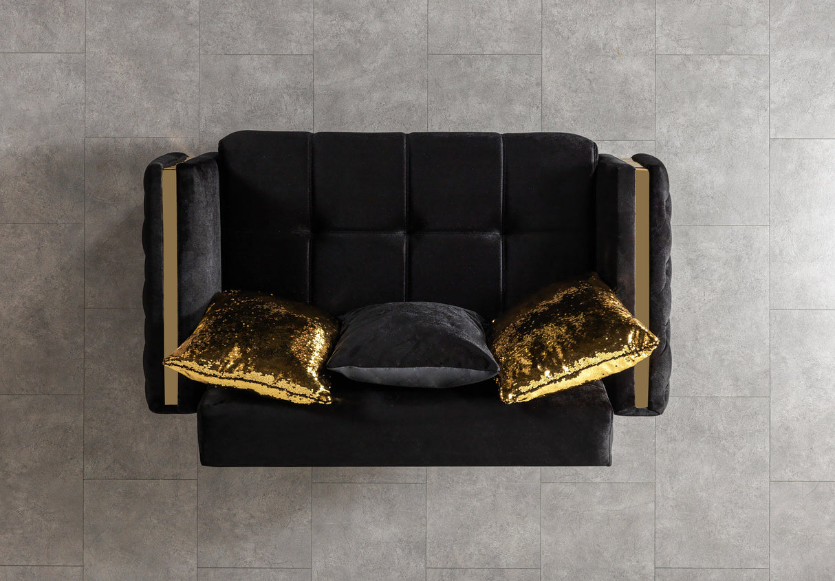 Florence Black sofa, front top-down view with gold pillows, black velvet