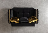 Florence Black sofa, front top-down view with gold pillows, black velvet