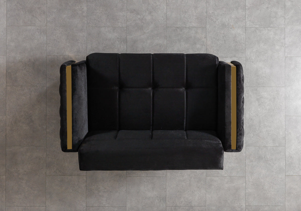 Florence Black sofa, top view with gold pillows, black velvet seating