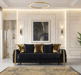 Florence Black sofa, extended sleeper-style position in black velvet, three-quarter view