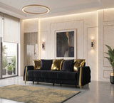 Florence Black sofa, rear view of extended convertible layout, black velvet and gold trim