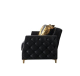 Florence Black sofa, front top view with black and gold pillows, black velvet upholstery
