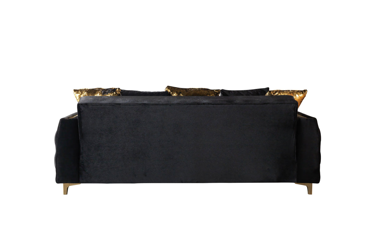 Florence Black convertible sofa, rear view with black velvet back and gold legs