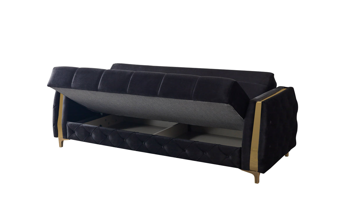 Florence Black sofa, front view with segmented back and black velvet finish
