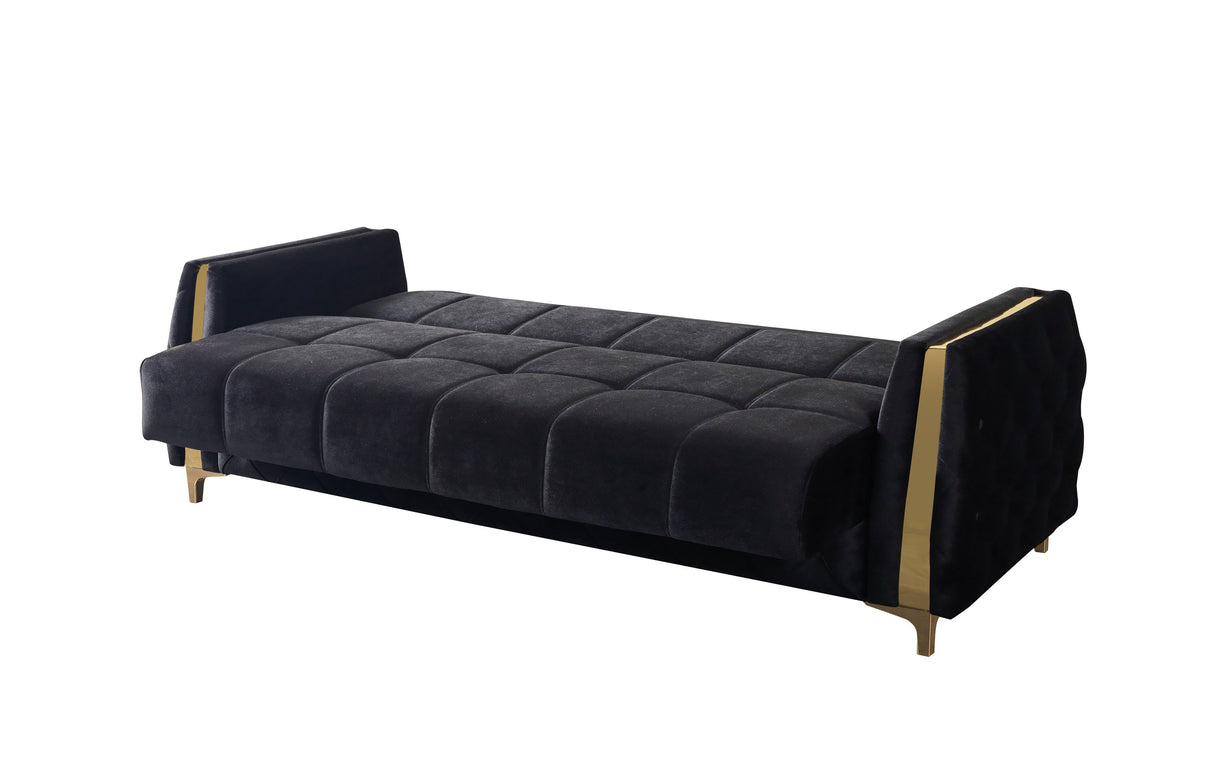 Florence Black sofa, side profile with quilted panel and gold legs