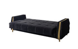 Florence Black sofa, side profile with quilted panel and gold legs