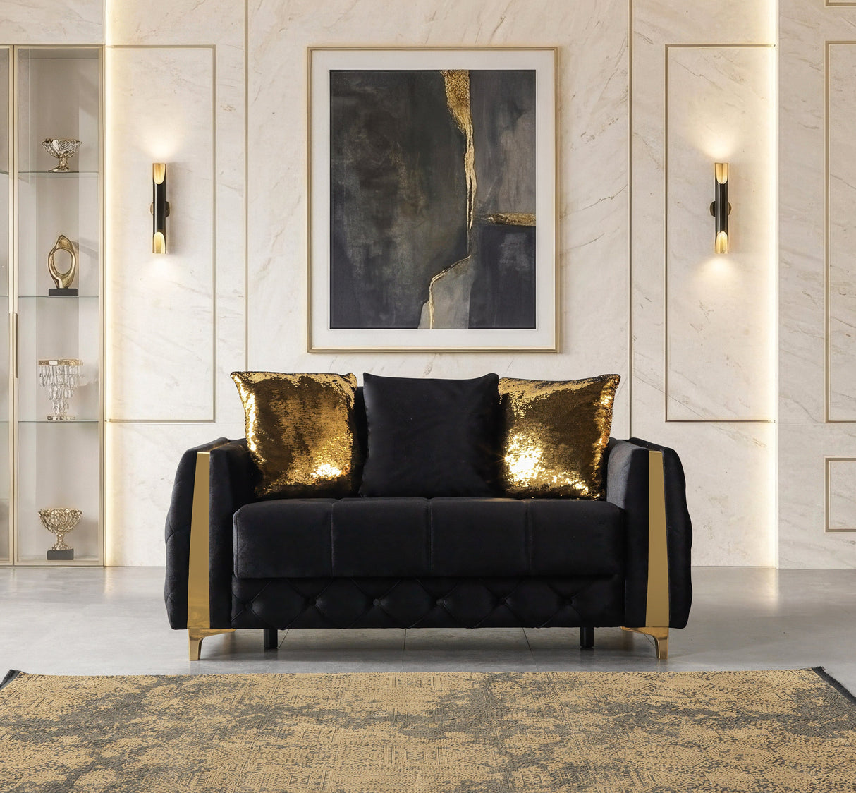 Florence Black sofa detail, gold side trim and velvet arm, close-up