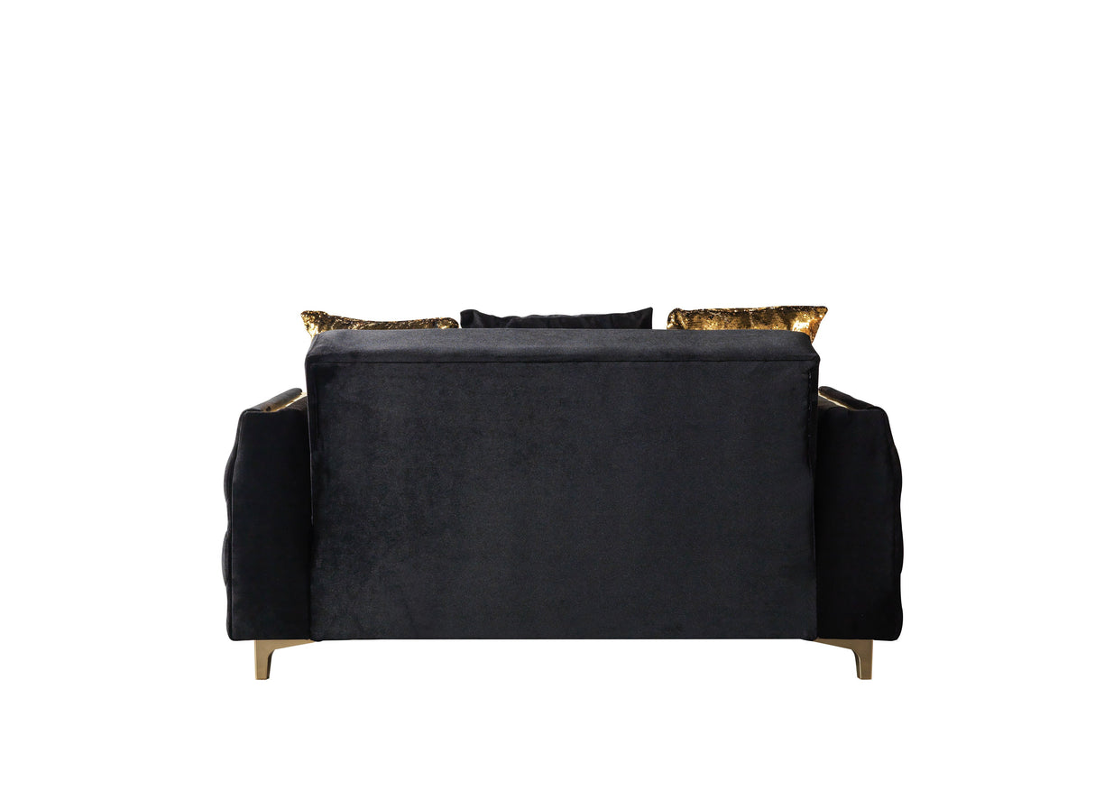 Florence Black sofa front view, black velvet seat with gold trim, isolated studio shot