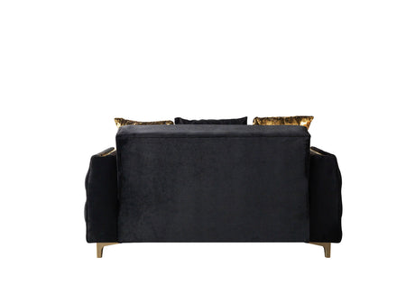 Florence Black sofa front view, black velvet seat with gold trim, isolated studio shot