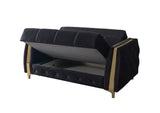 Florence Black sofa back view, black velvet with gold trim and slim legs