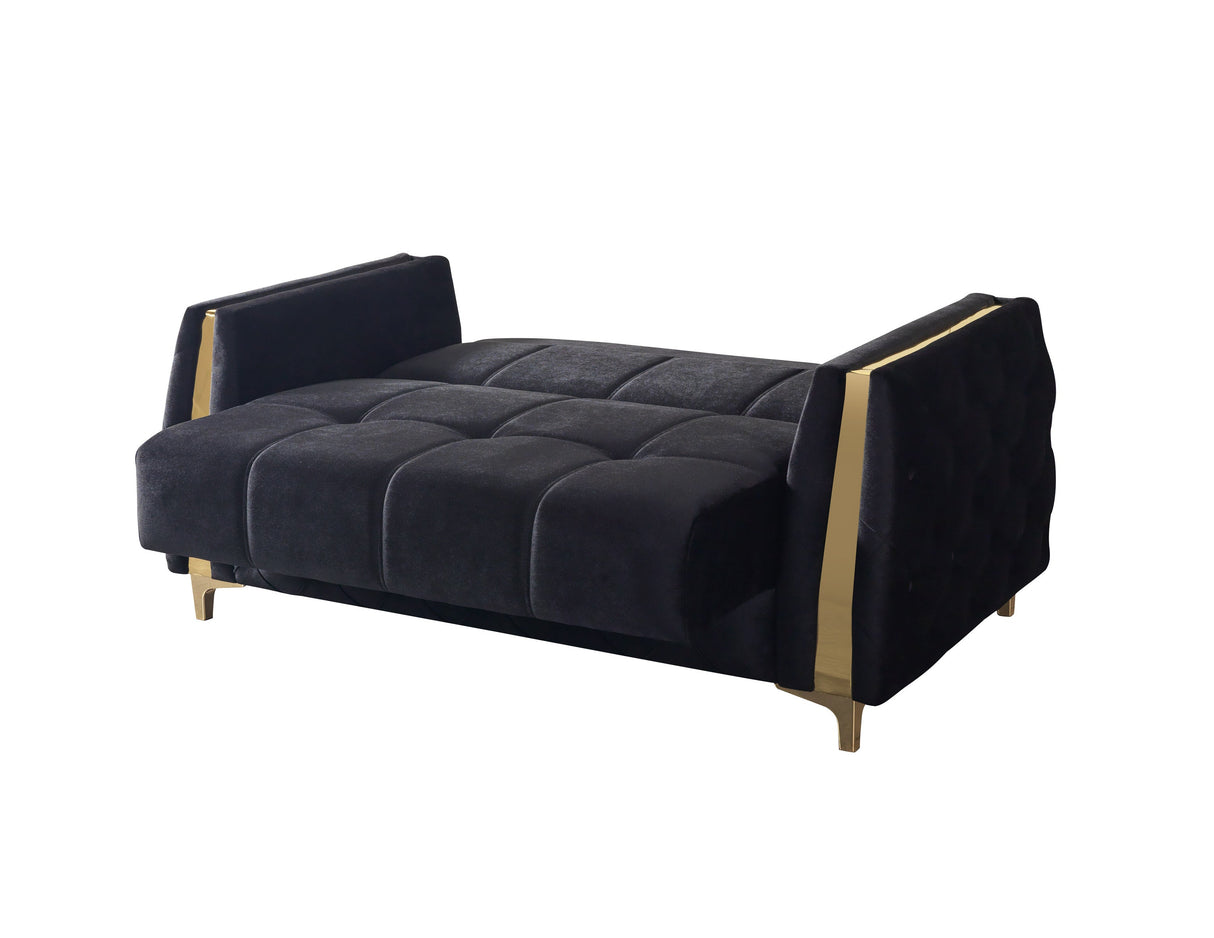 Florence Black sofa side view, black velvet and gold trim, isolated studio shot