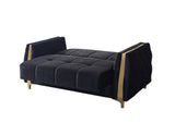Florence Black sofa side view, black velvet and gold trim, isolated studio shot