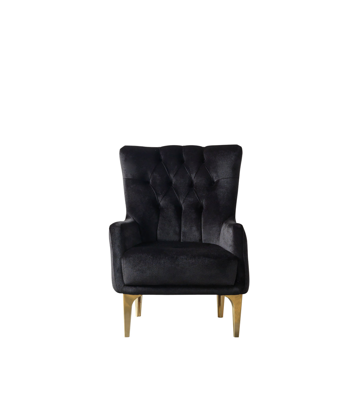 Florence Black Accent Chair, black velvet tufted front view with gold legs