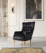 Florence Black Accent Chair, black velvet tufted back, three-quarter view