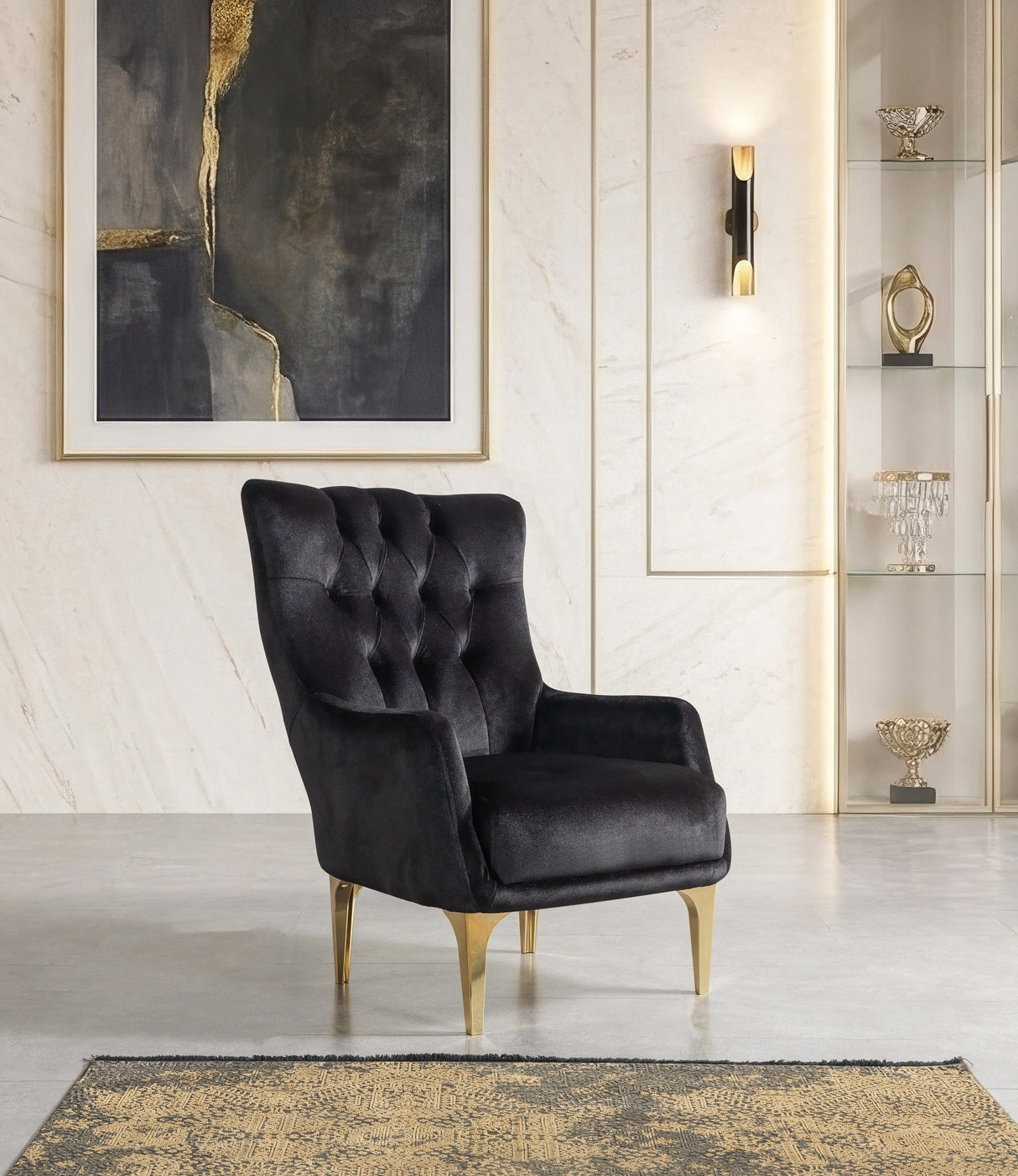 Florence Black Accent Chair, black velvet with gold legs, front three-quarter view