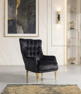 Florence Black Accent Chair, black velvet with gold legs, front three-quarter view