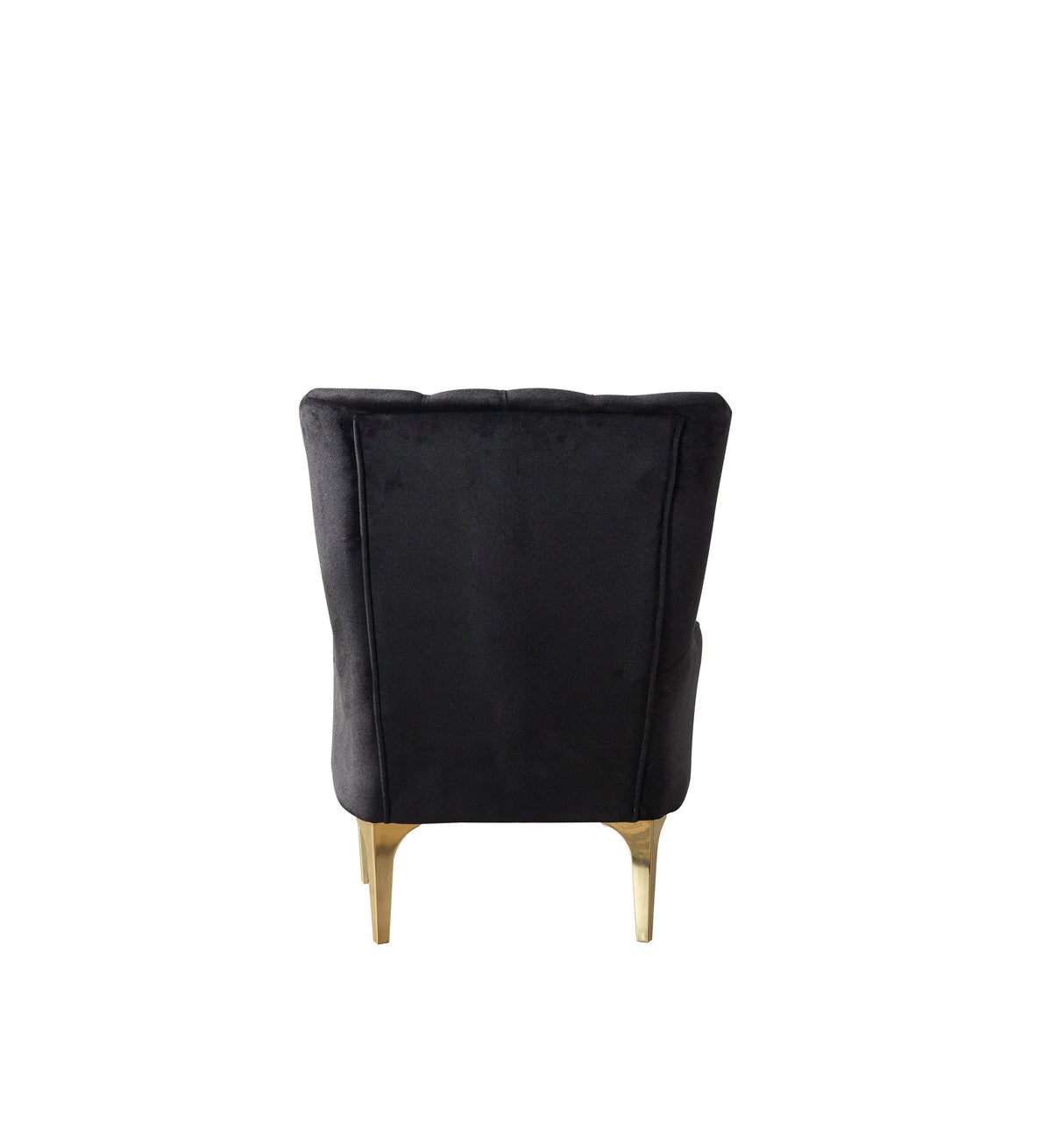 Florence Black Accent Chair, black velvet front view, gold legs and tufted back