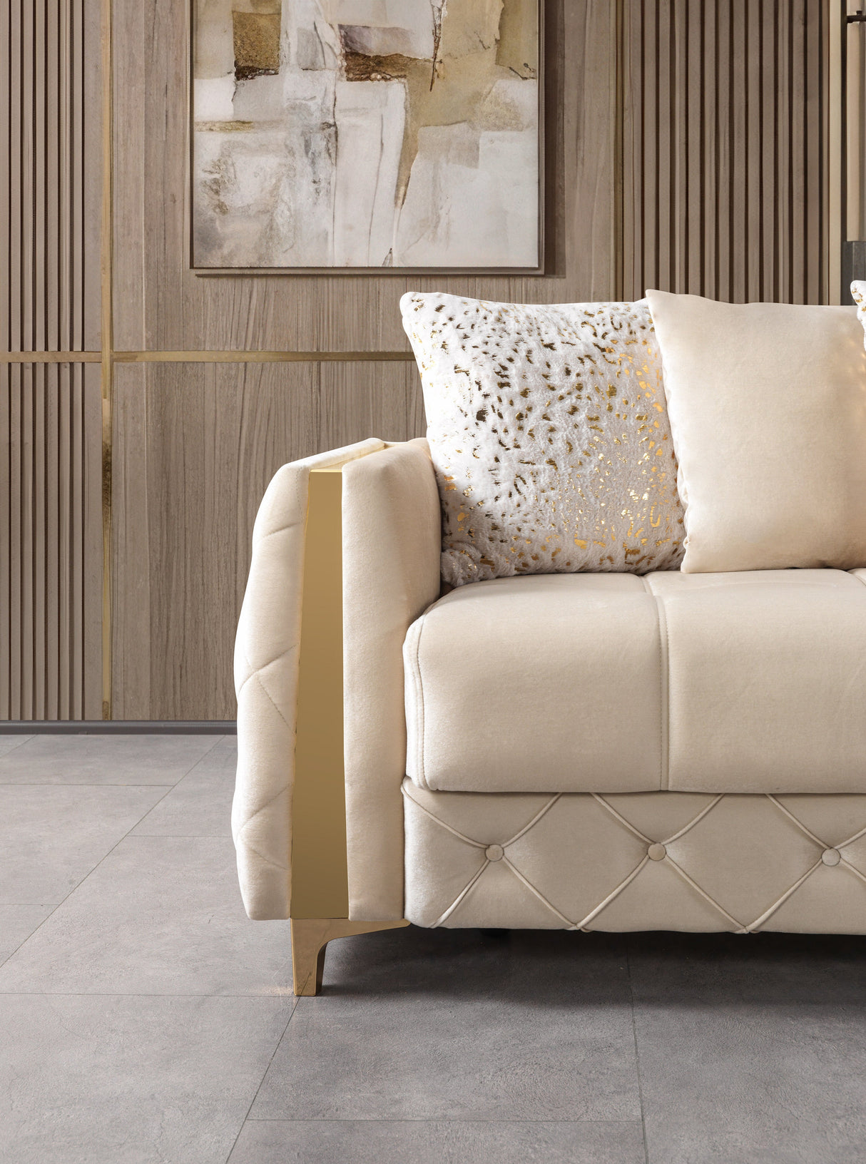 Florence Ivory loveseat, ivory velvet with tufted side and gold trim, close-up view