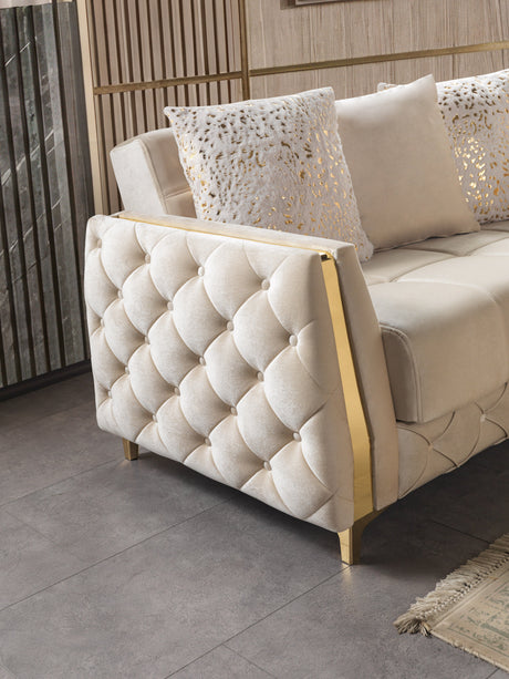 Florence Ivory convertible sofa, tufted side back and gold trim, close-up detail