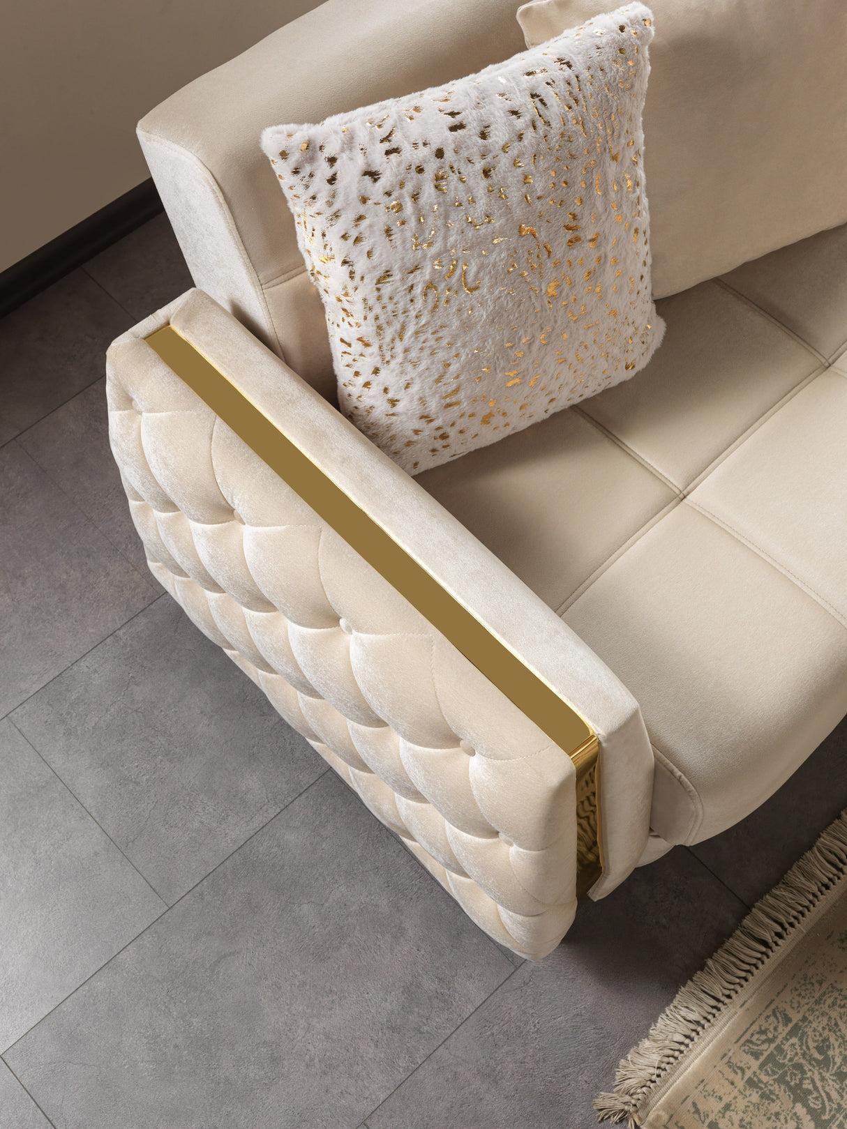 Florence Ivory sofa, ivory velvet and gold trim, overhead front detail