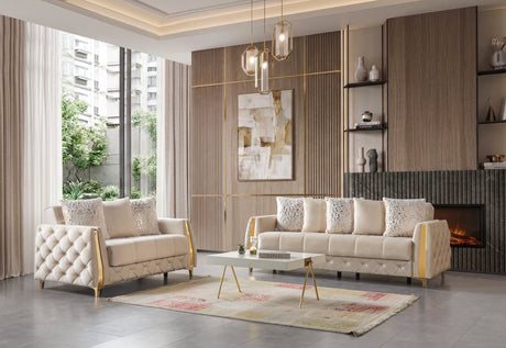 Florence Ivory living room set with sofa and loveseat, ivory velvet with gold accents, three-quarter view