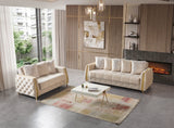 Florence Ivory living room set with sofa and loveseat, ivory velvet and gold trim, angled overview