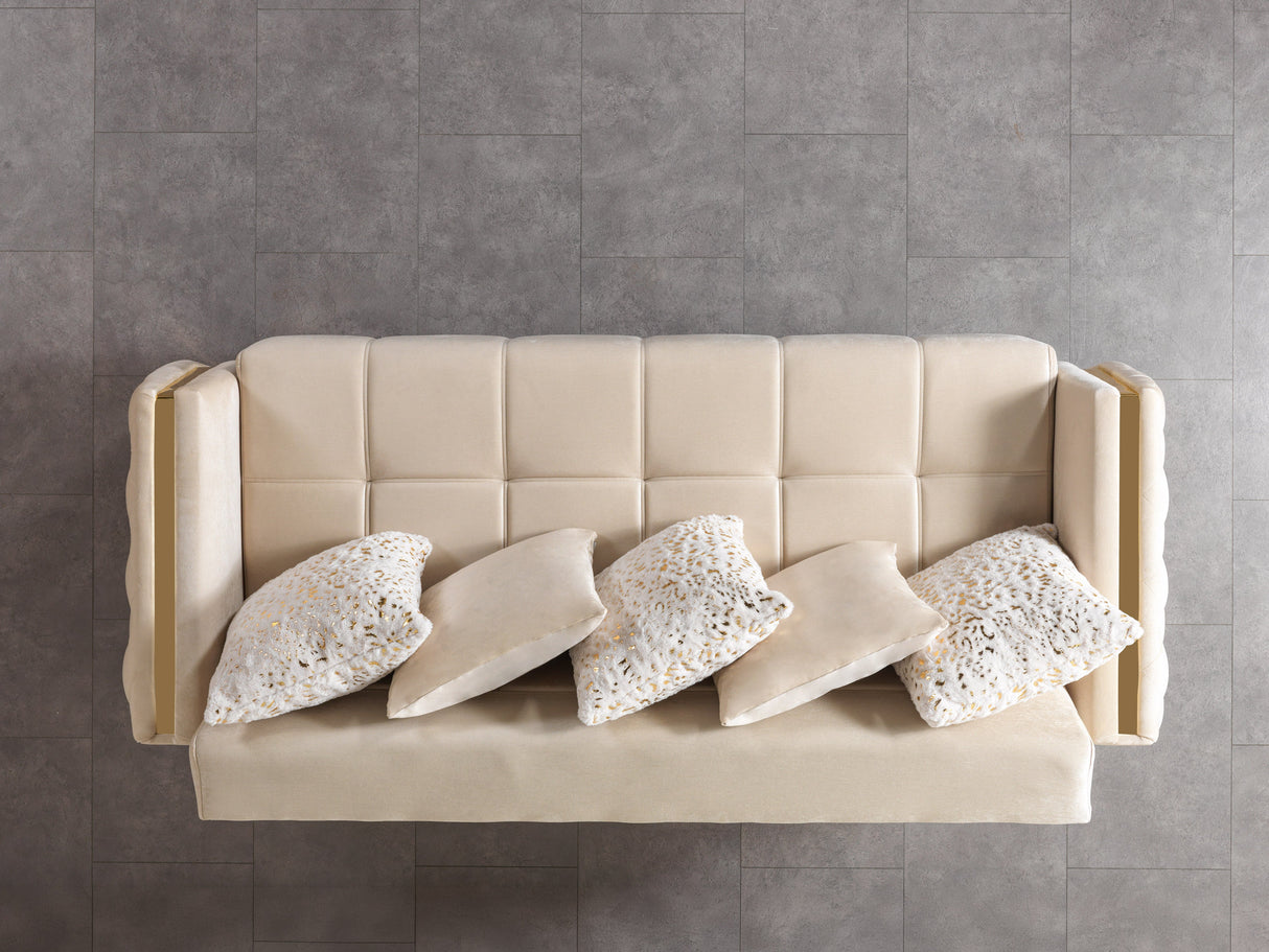 Florence Ivory sofa, ivory velvet with gold accents and tufted side panel, close-up