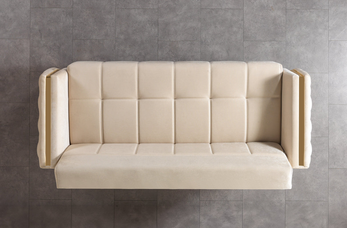 Florence Ivory convertible sofa, tufted side panel and gold trim, rear side view
