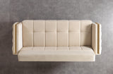 Florence Ivory convertible sofa, tufted side panel and gold trim, rear side view