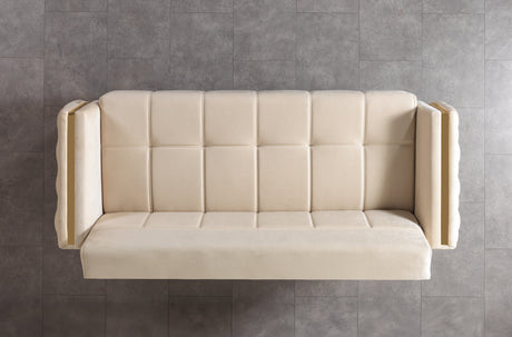 Florence Ivory convertible sofa, tufted side panel and gold trim, rear side view