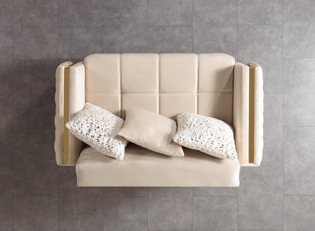 Florence Ivory sofa and loveseat, top-down set view with pillows, ivory velvet and gold accents