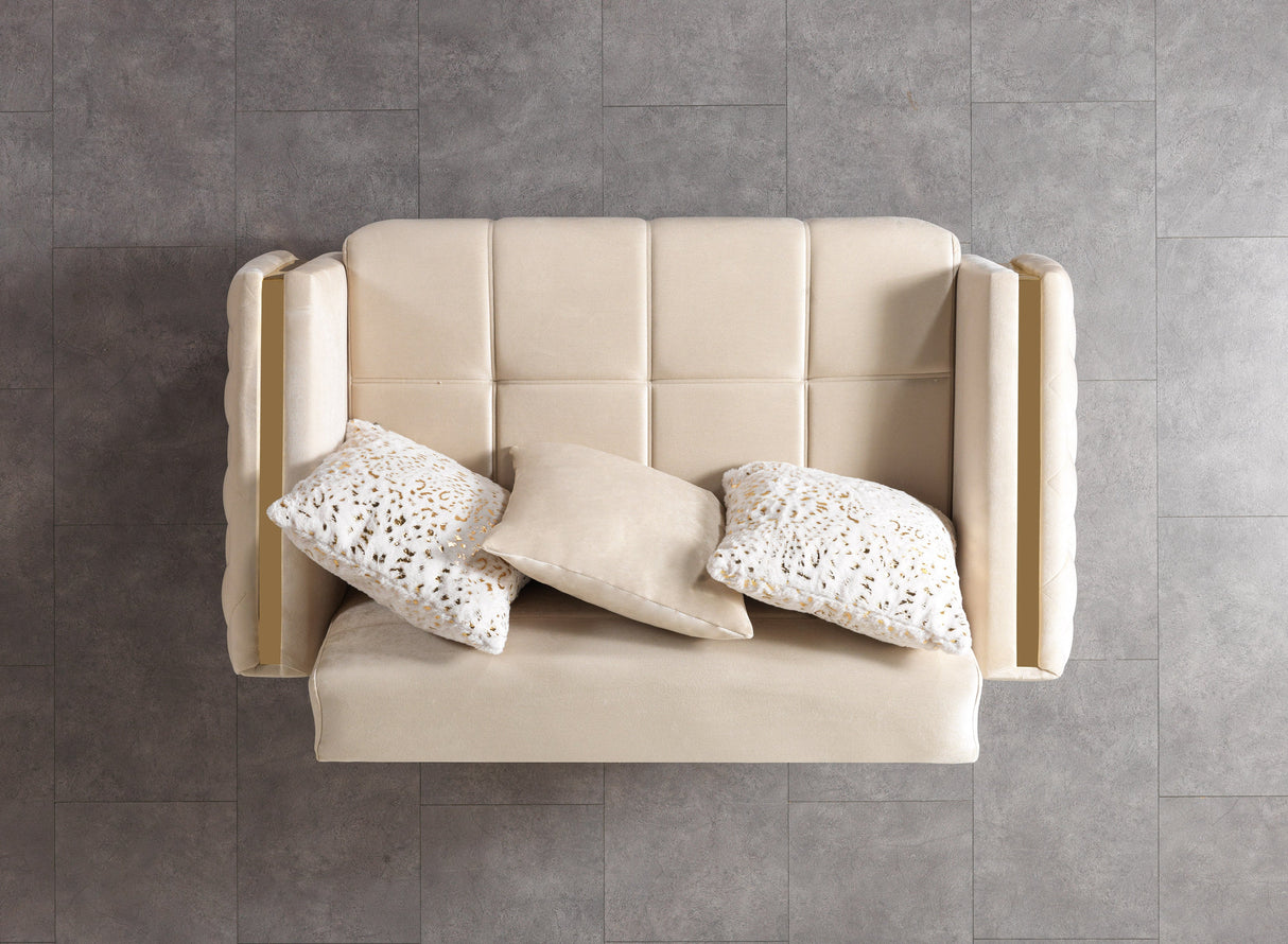 Florence Ivory loveseat, tufted arm and gold trim, overhead close-up