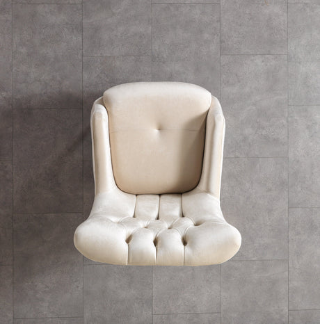 Florence Ivory accent chair, back view with tailored upholstery and gold legs