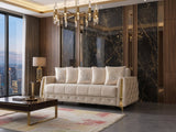 Florence Ivory convertible sofa, ivory velvet and gold trim, three-quarter living room view