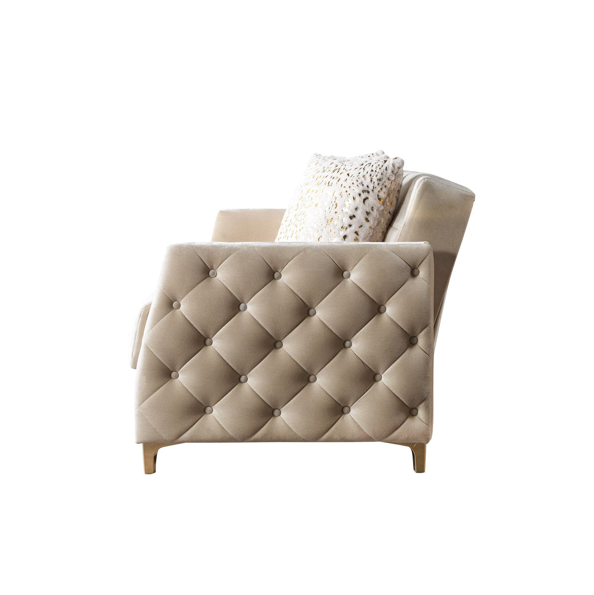 Florence Ivory loveseat, top view with three pillows, ivory velvet and gold accents
