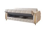 Florence Ivory convertible sofa, gold-trim side and tufted panel, close-up detail