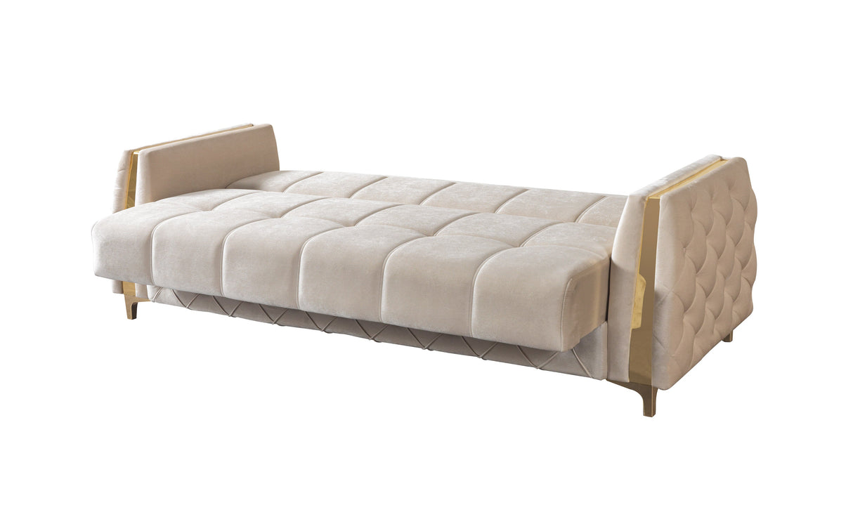 Florence Ivory loveseat, ivory velvet with button-tufted front apron, top view