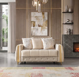 Florence Ivory sofa, ivory velvet with gold trim, side close-up and tufted panel detail