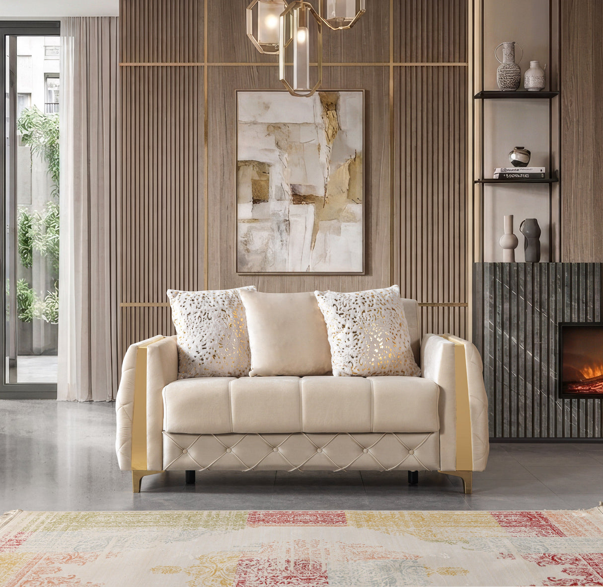 Florence Ivory loveseat dimensions, front view with measurements labeled