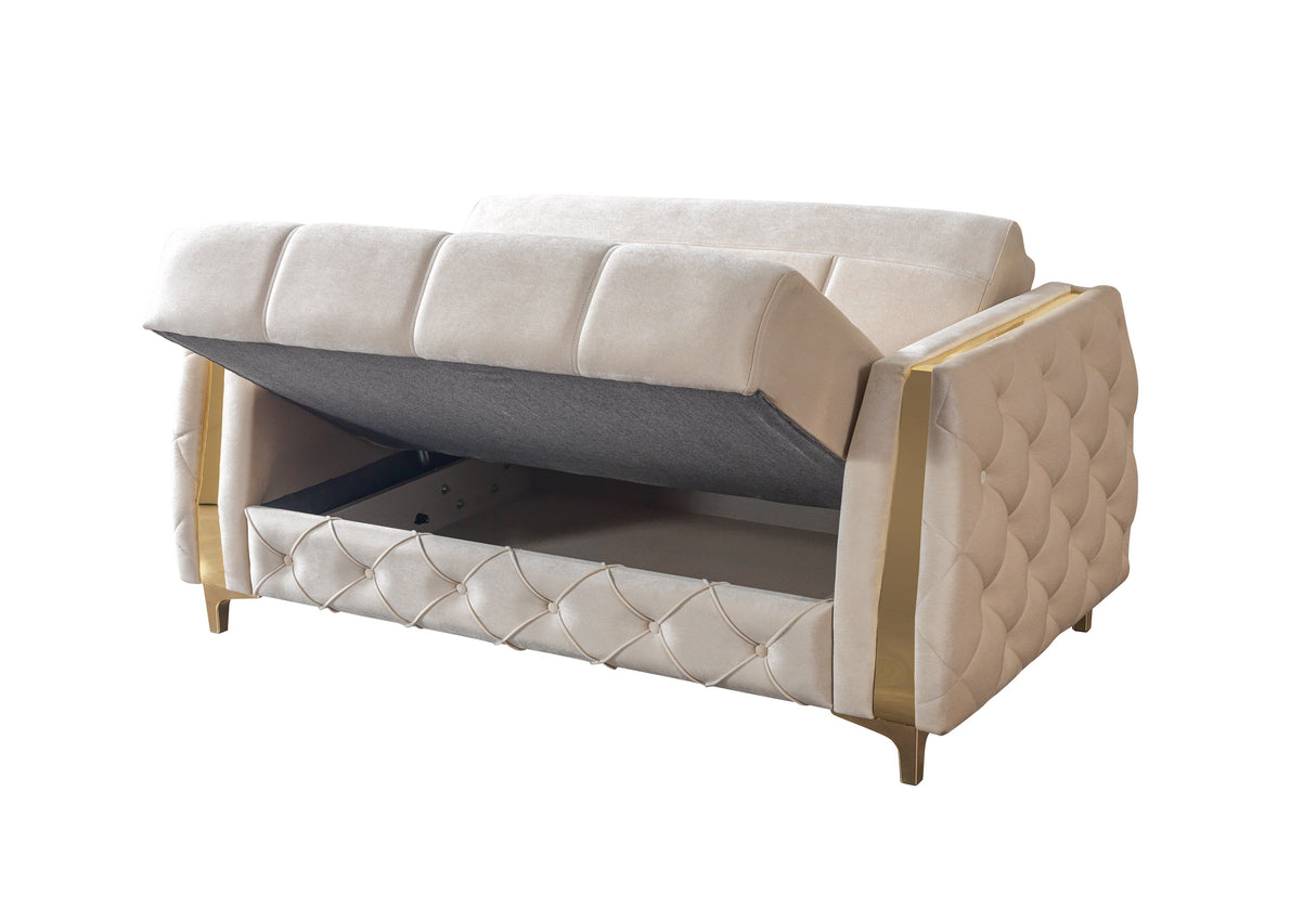 Florence Ivory loveseat, diamond-tufted side panel and gold leg, side view