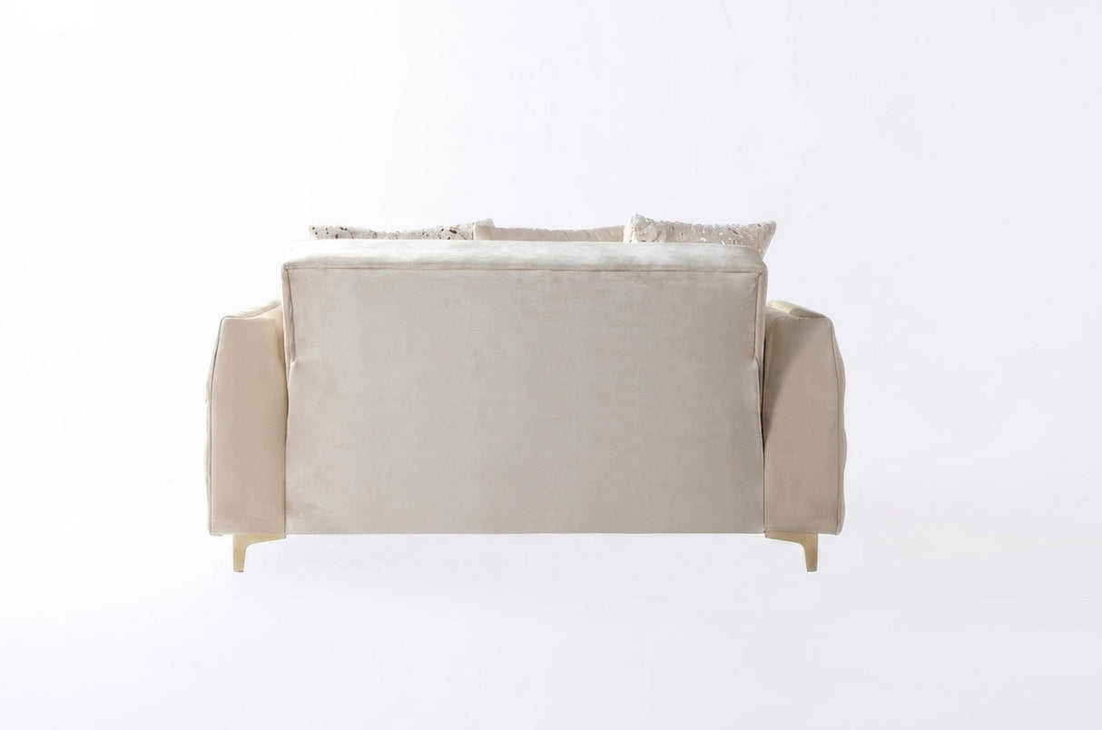 Florence Ivory loveseat, ivory velvet with quilted side and gold trim, three-quarter product view