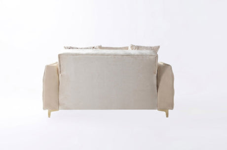 Florence Ivory loveseat, ivory velvet with quilted side and gold trim, three-quarter product view