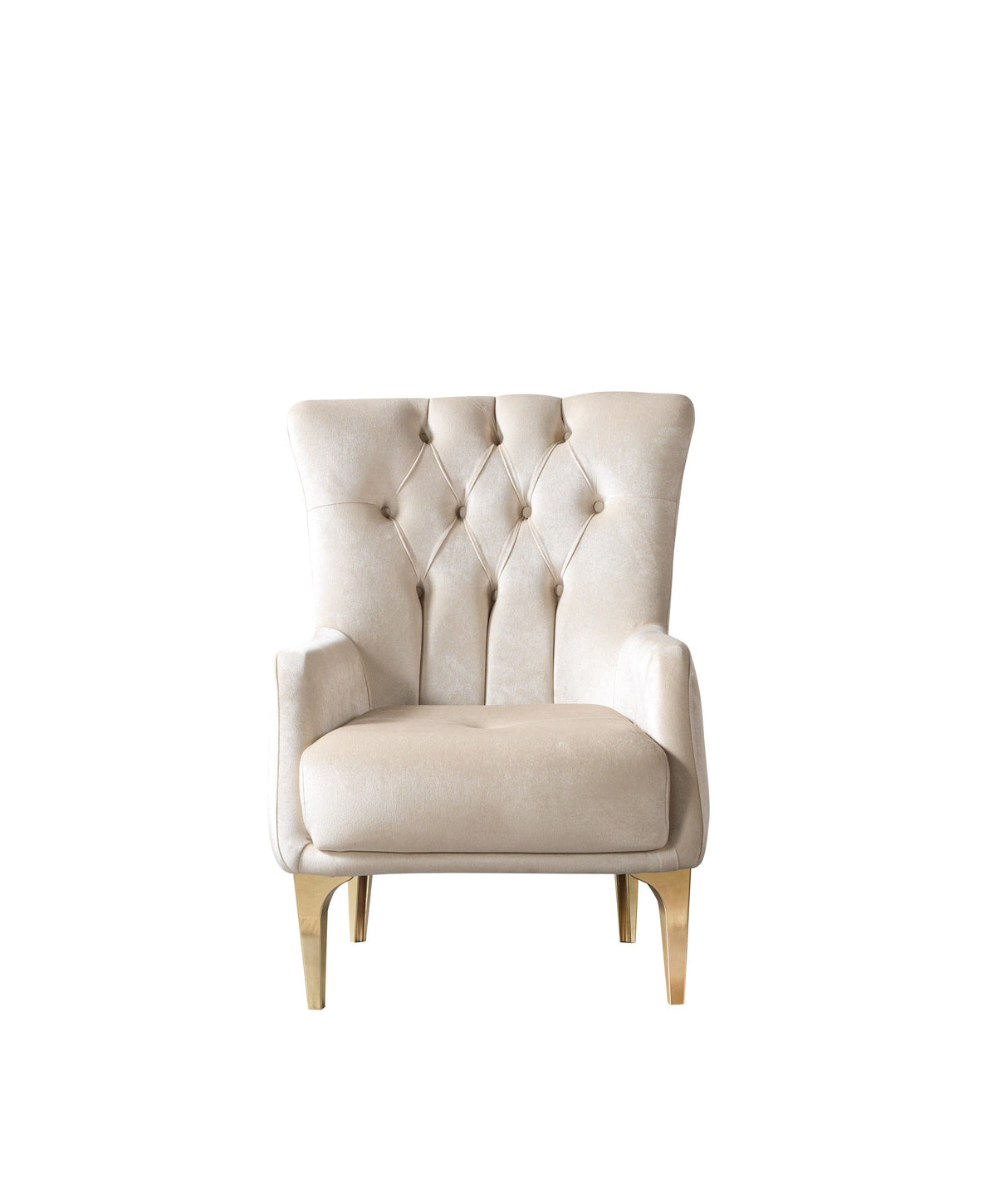 Florence Ivory accent chair, tufted ivory velvet and gold legs, angled front view